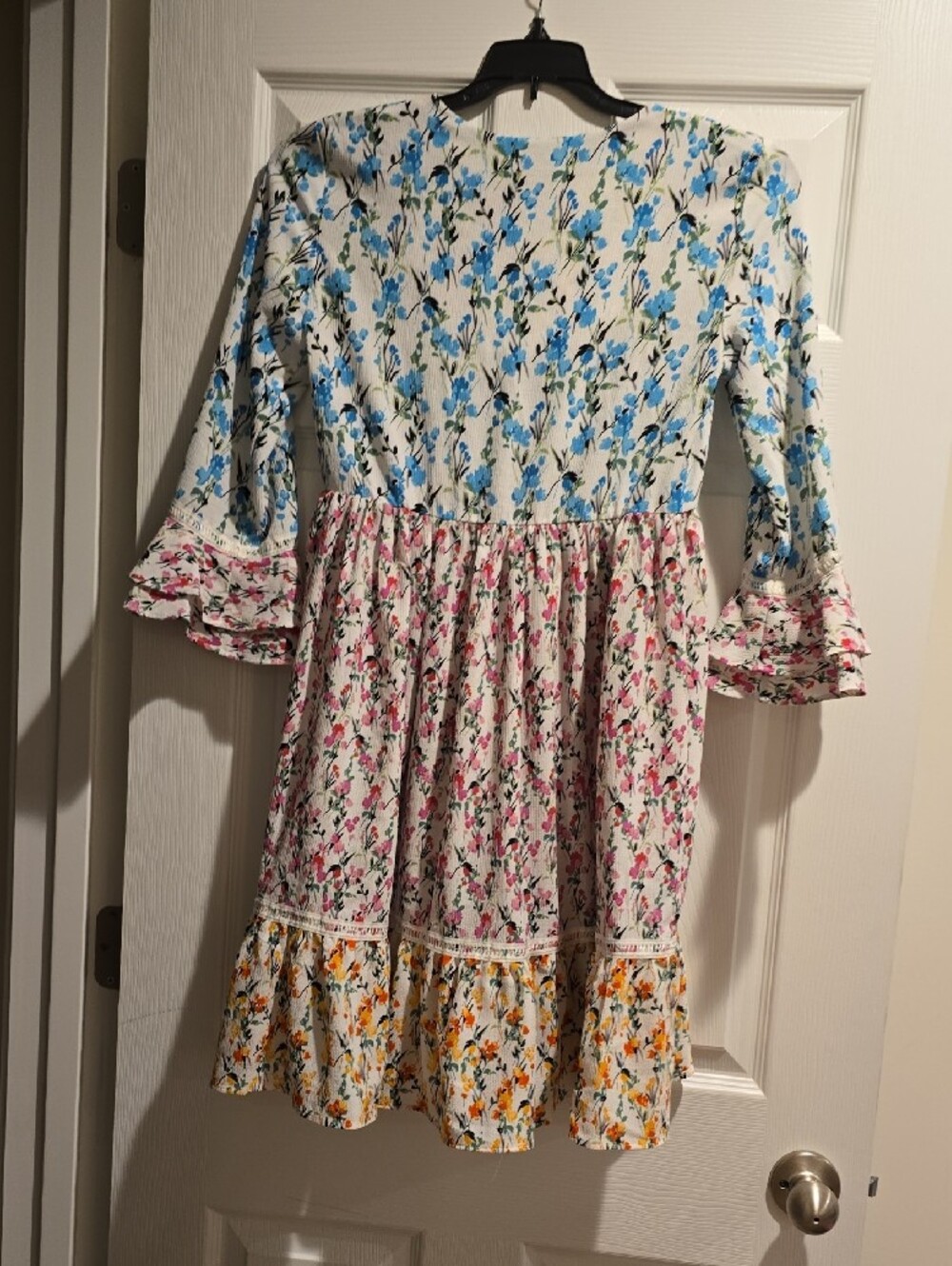 Maison Tara Floral Tiered Midi Dress in Blue, Pink & Yellow - Picture 3 of 4